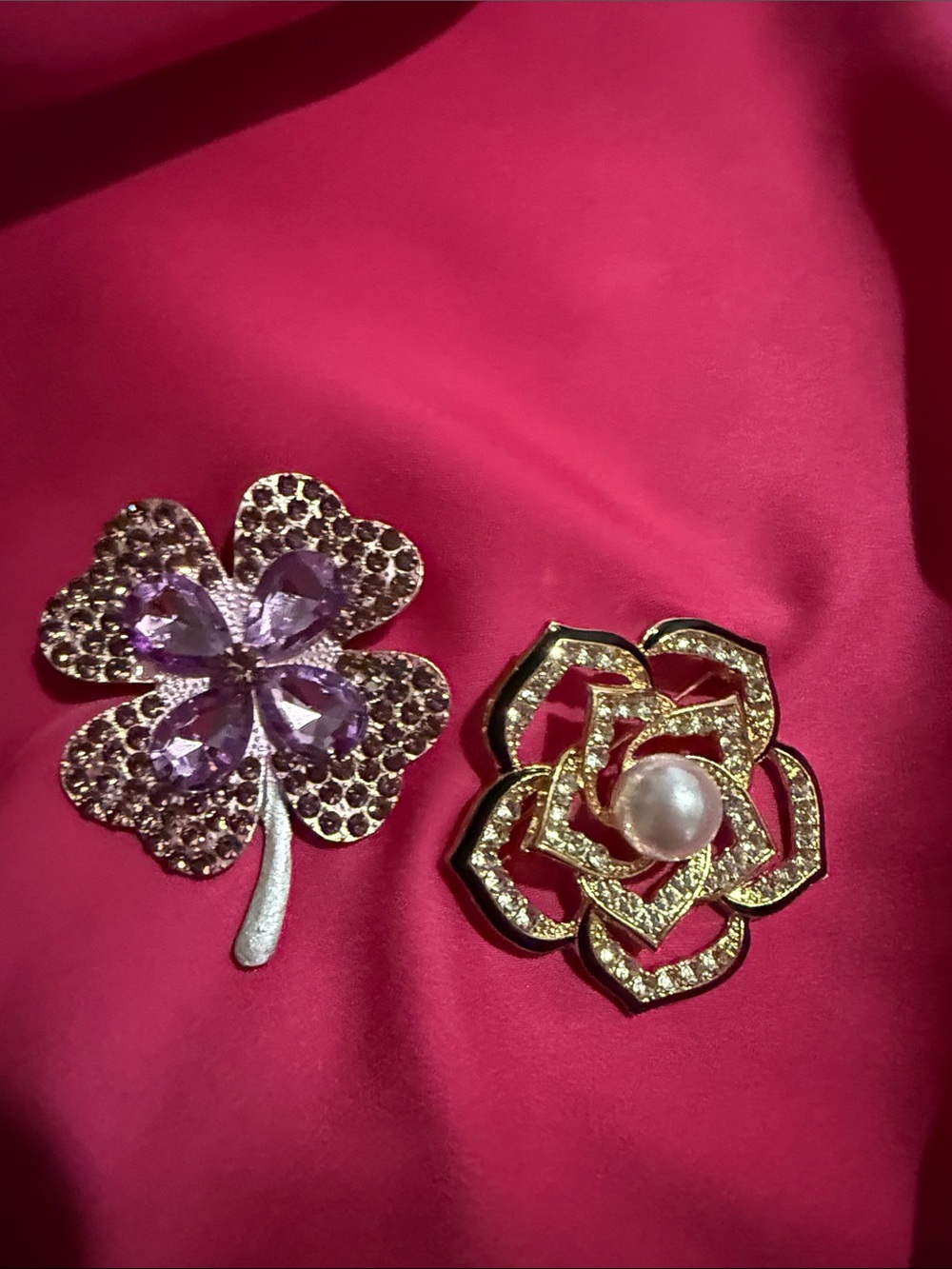 Two Beautiful Brooches Gold Tone Floral Brooch and Purple Crystal Brooch